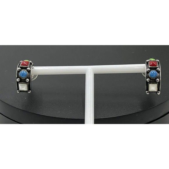 Sterling silver 925 Four Multicolored Stones Half Hoops Earrings - Picture 1 of 16